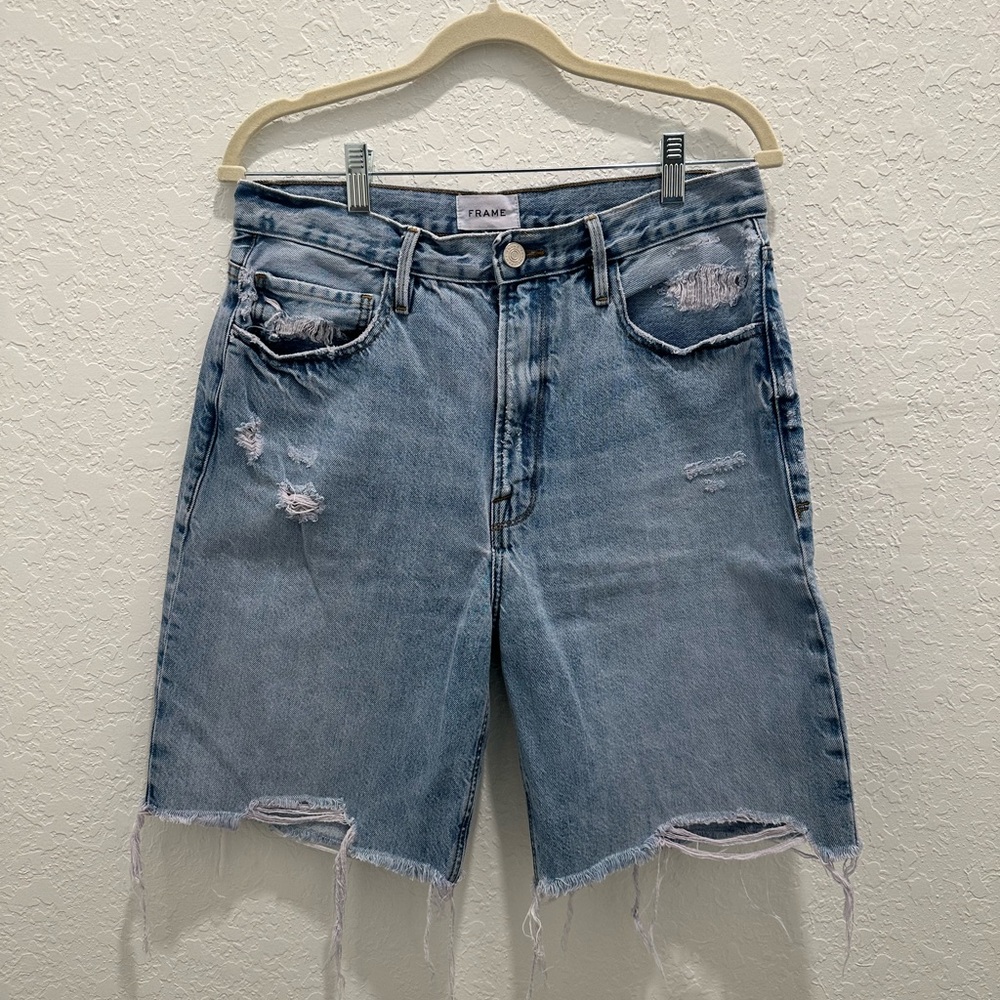 FRAME Light Blue Distressed Denim Shorts